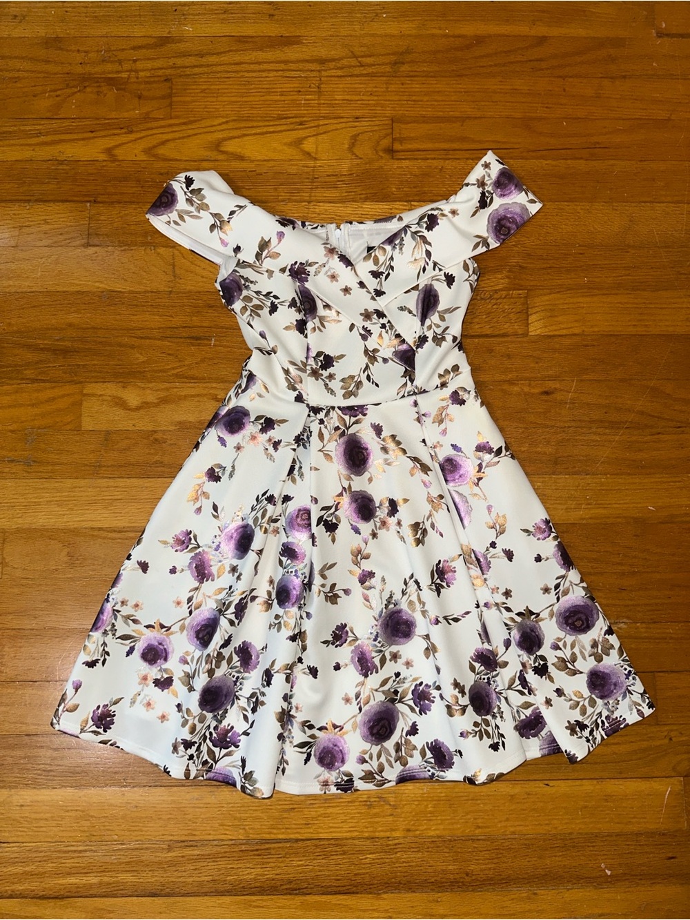 B Darlin White Off-Shoulder Dress with Purple Floral Print